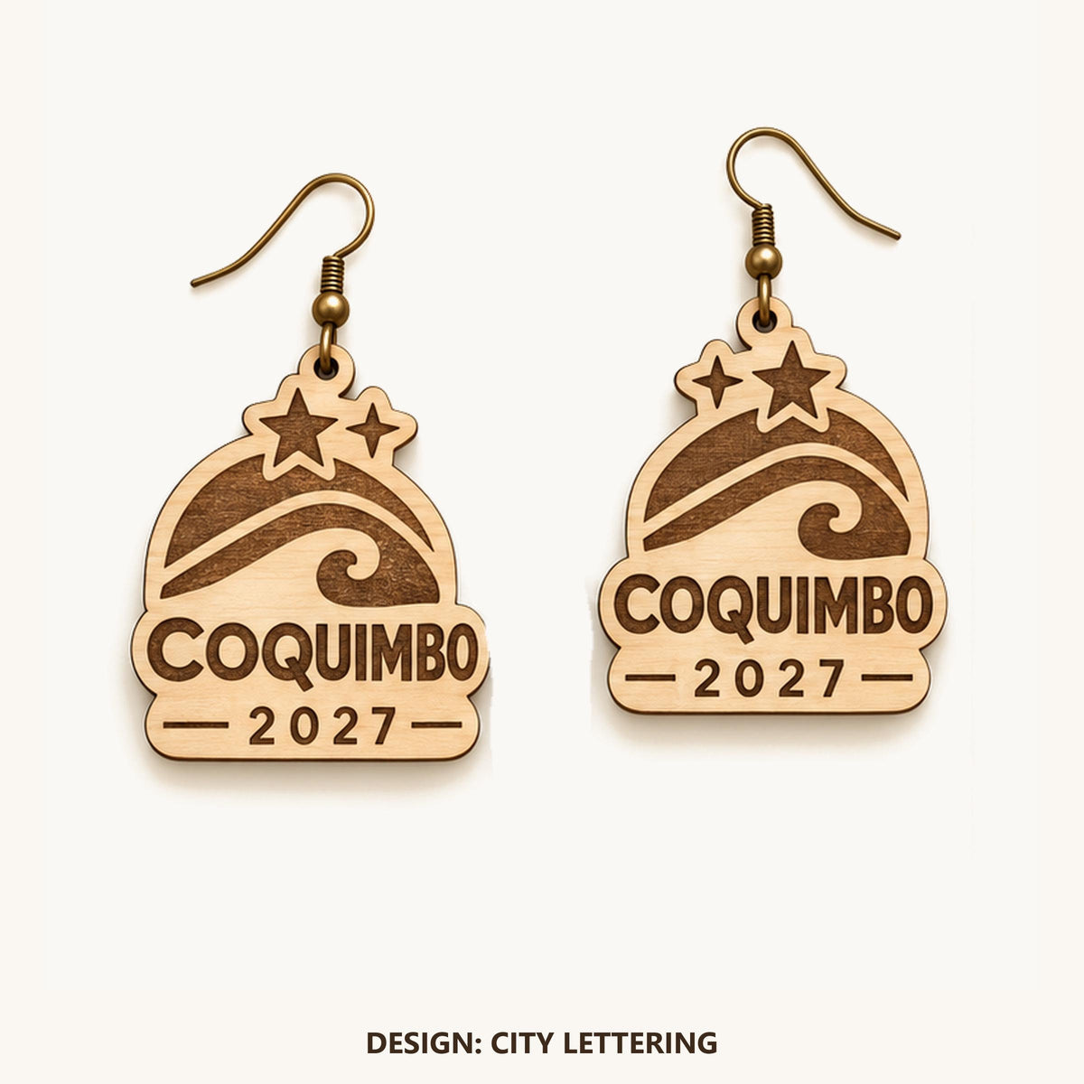 Front view of the Coquimbo City Lettering engraved birch earring pair on a light background.