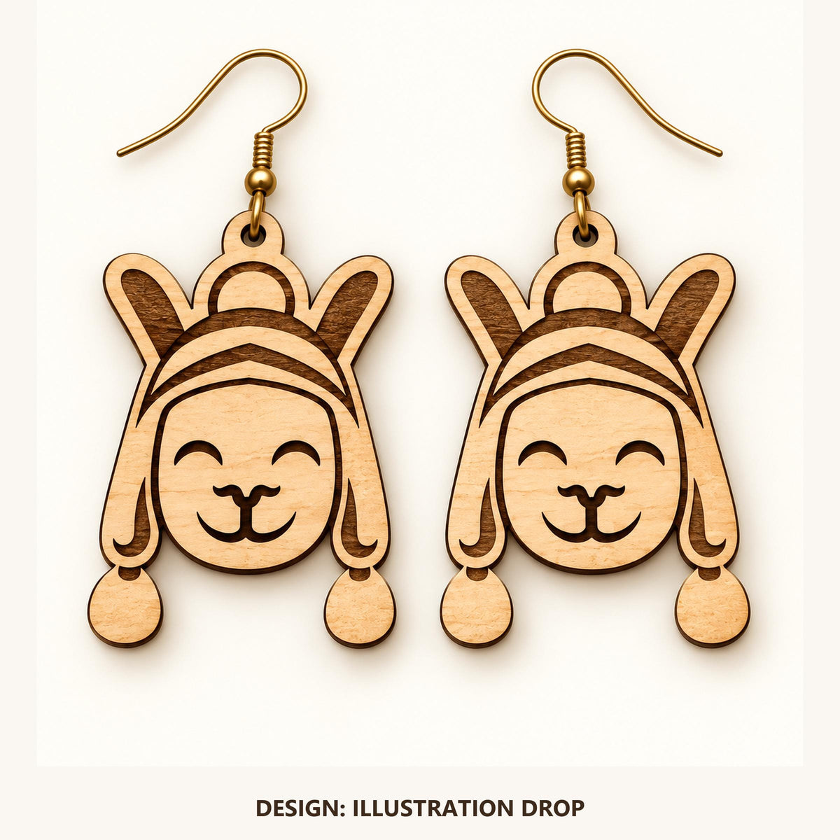 Front view of the Lima Illustration Drop engraved birch earring pair on a light background.