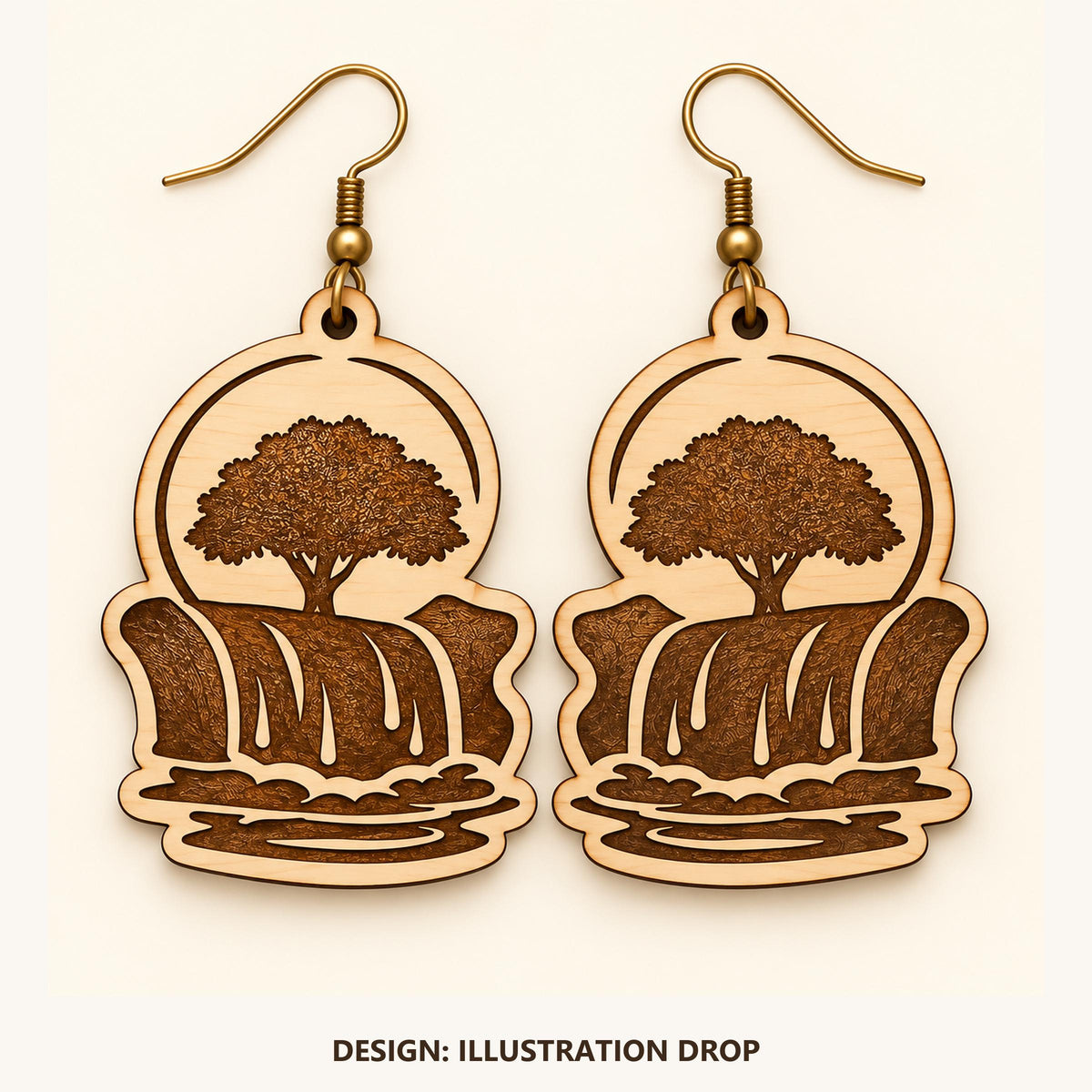Front view of the Lusaka Illustration Drop engraved birch earring pair on a light background.