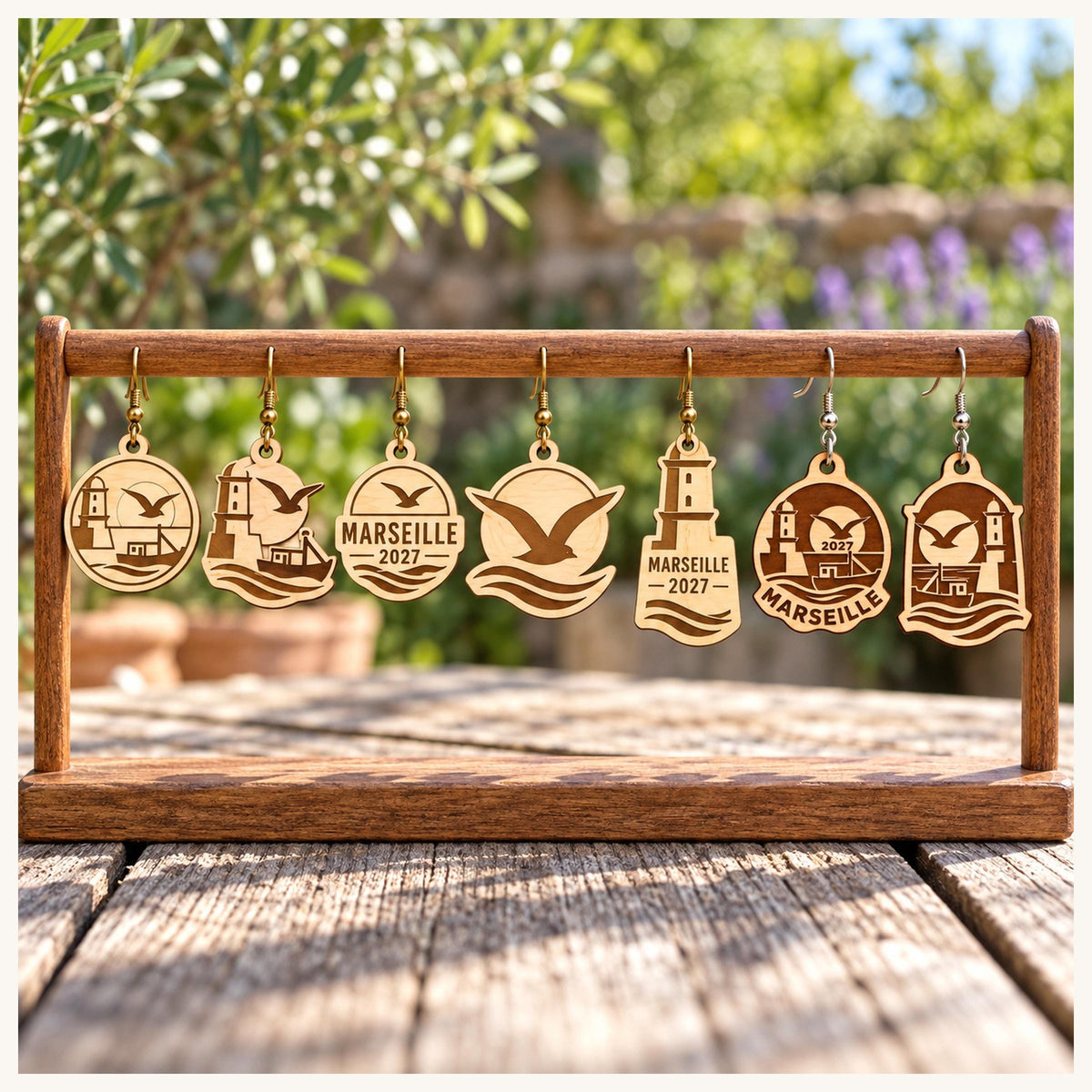 One earring from each selected Marseille 2027 birch design on a wooden display stand outdoors.