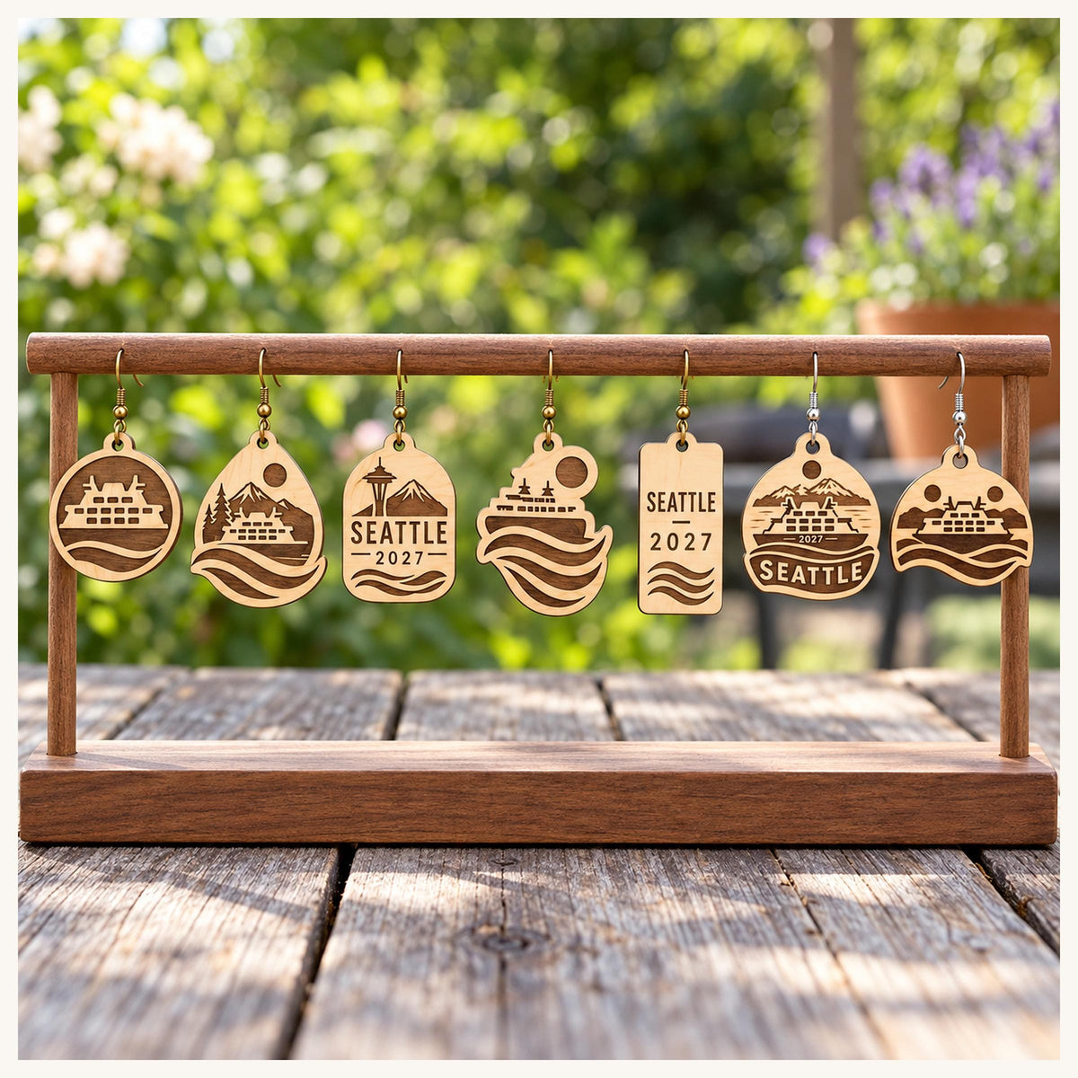 One earring from each selected Seattle 2027 birch design on a wooden display stand outdoors.