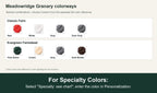 Named colorway swatch showing each option. For Specialty Colors: Select "Specialty: see chart"; enter the color in Personalization.