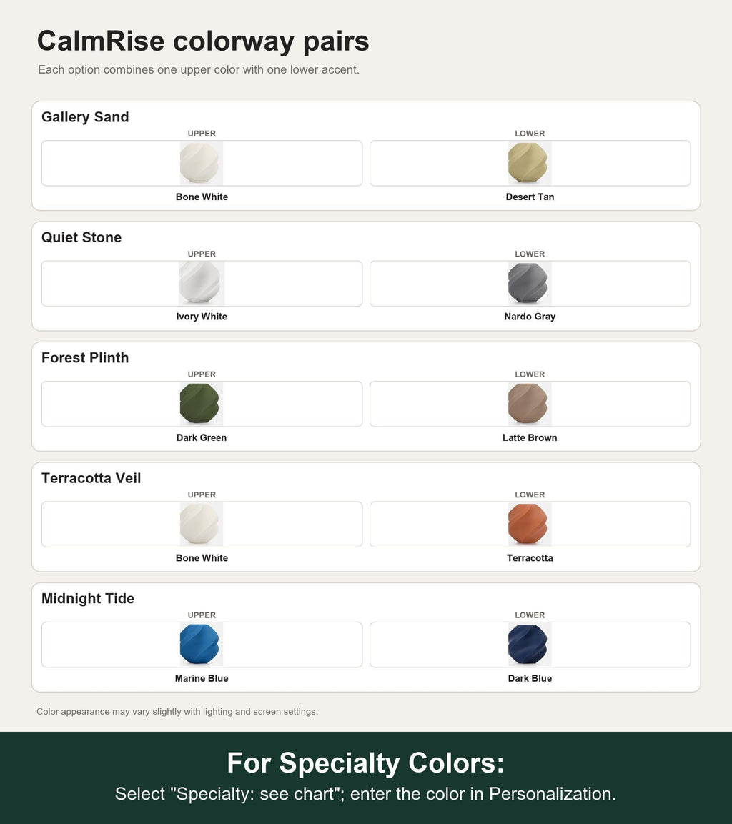 Named colorway swatch showing each option. For Specialty Colors: Select "Specialty: see chart"; enter the color in Personalization.