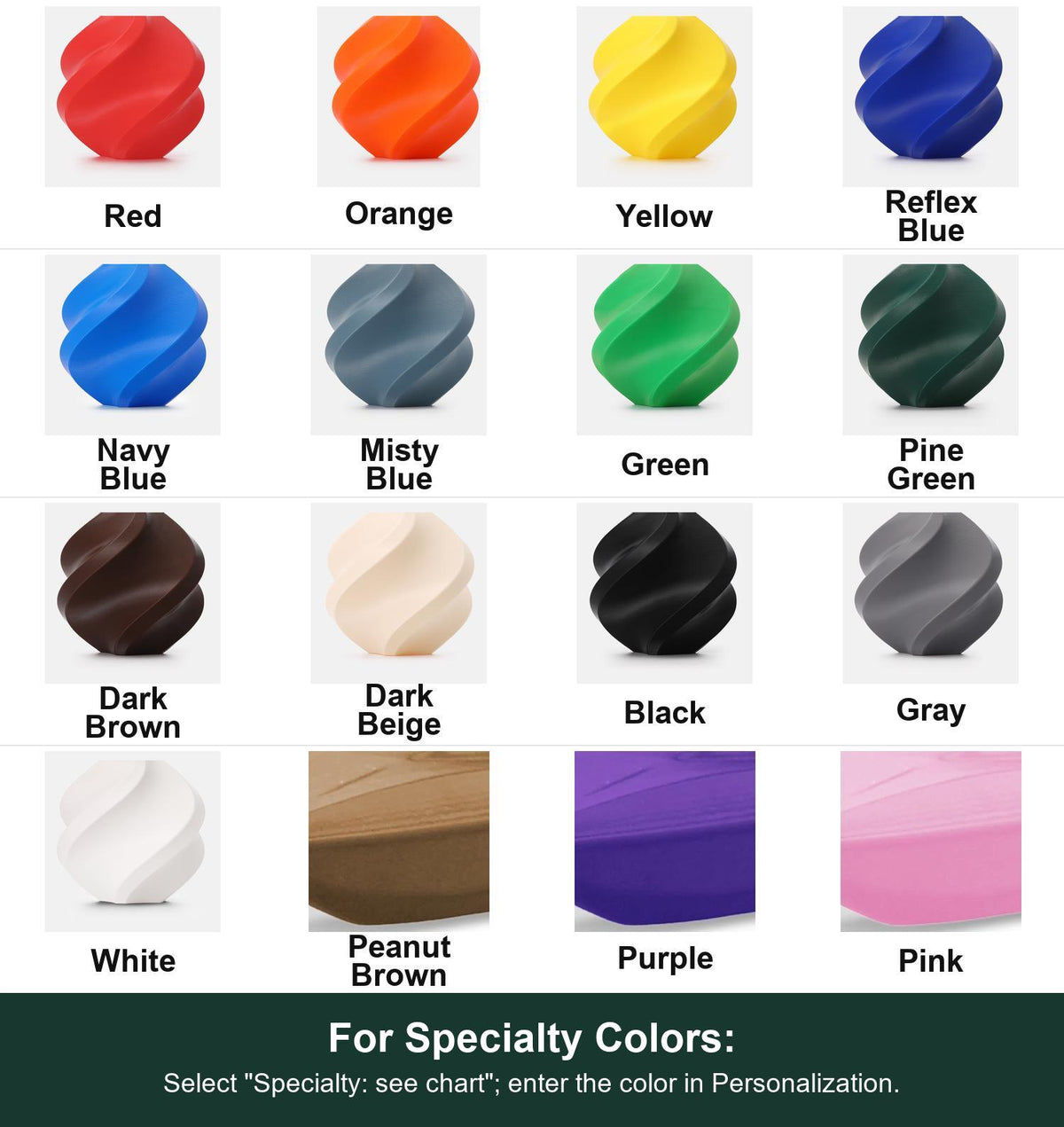 Complete labeled weatherproof color reference showing all available custom color choices. For Specialty Colors: Select "Specialty: see chart"; enter the color in Personalization.