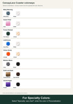 Named colorway swatch showing each option. For Specialty Colors: Select "Specialty: see chart"; enter the color in Personalization.