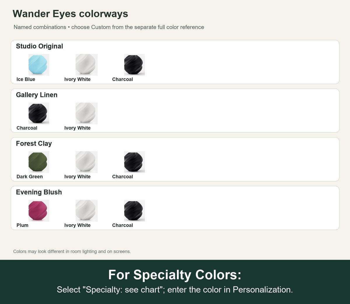 Named colorway swatch for Wander Eyes Desk Clock,, showing the exact colors in every listed combination. The separate full color reference shows Custom choices. For Specialty Colors: Select "Specialty: see chart"; enter the color in Personalization.