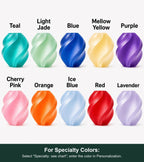 Full labeled translucent shade color guide with 10 options. For Specialty Colors: Select "Specialty: see chart"; enter the color in Personalization.