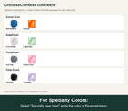 Named colorway swatch showing each option. For Specialty Colors: Select "Specialty: see chart"; enter the color in Personalization.