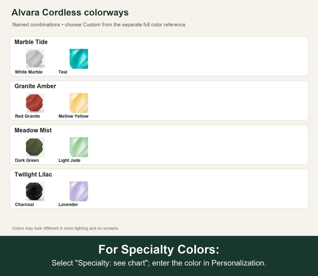 Named colorway swatch showing each option. For Specialty Colors: Select "Specialty: see chart"; enter the color in Personalization.