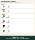 Named colorway swatch showing each option. For Specialty Colors: Select "Specialty: see chart"; enter the color in Personalization.
