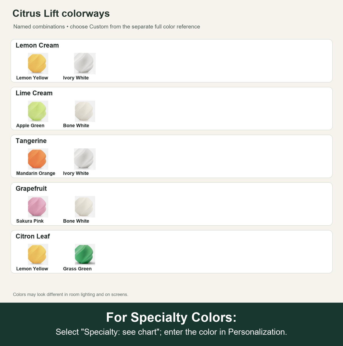 Named colorway swatch for Citrus Lift Lemon Lamp,, showing the exact colors in every listed combination. The separate full color reference shows Custom choices. For Specialty Colors: Select "Specialty: see chart"; enter the color in Personalization.