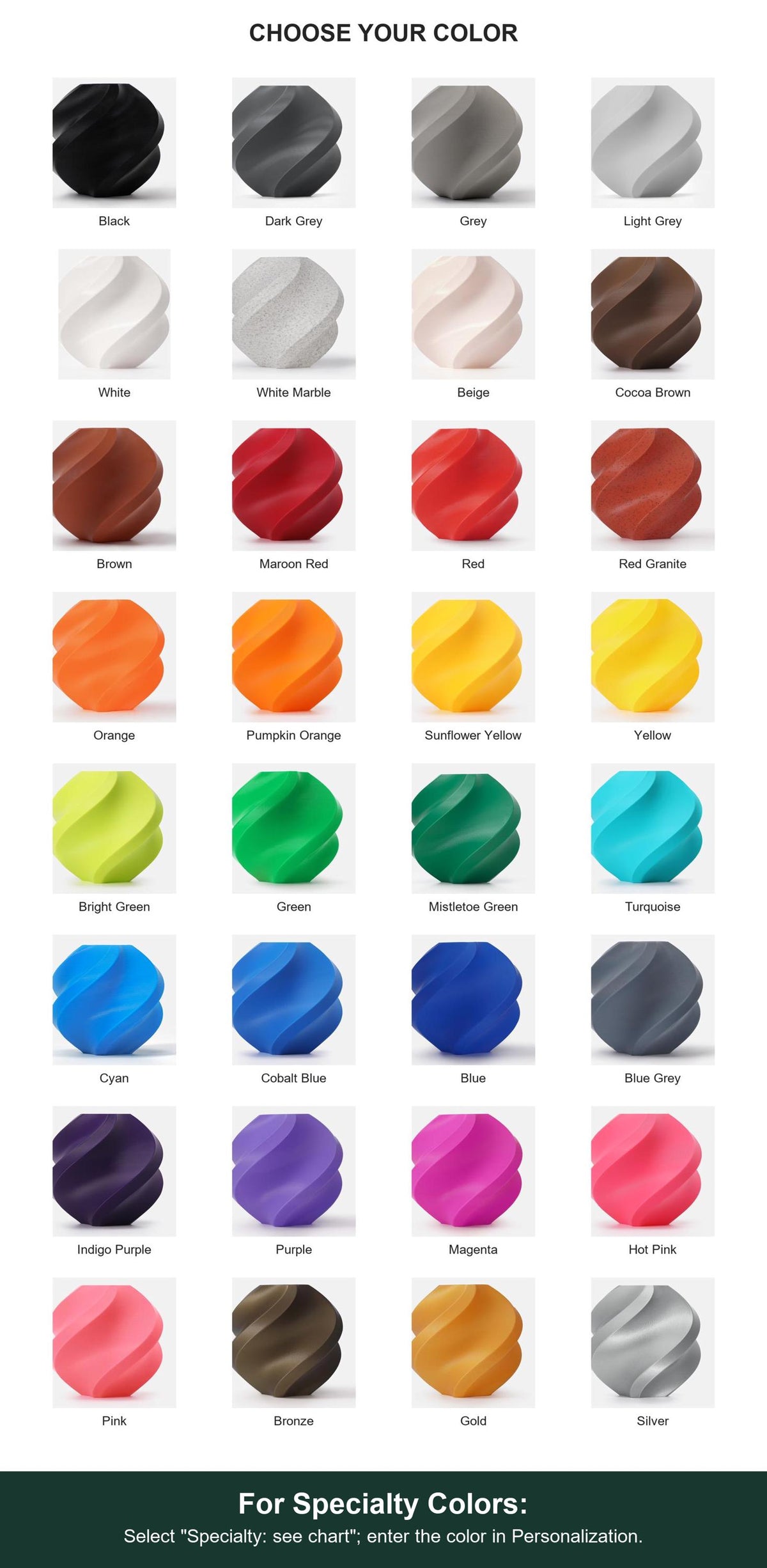 Full labeled color guide showing available shades. For Specialty Colors: Select "Specialty: see chart"; enter the color in Personalization.