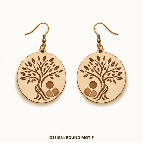 Front view of the Athens Round Motif engraved birch earring pair on a light background.