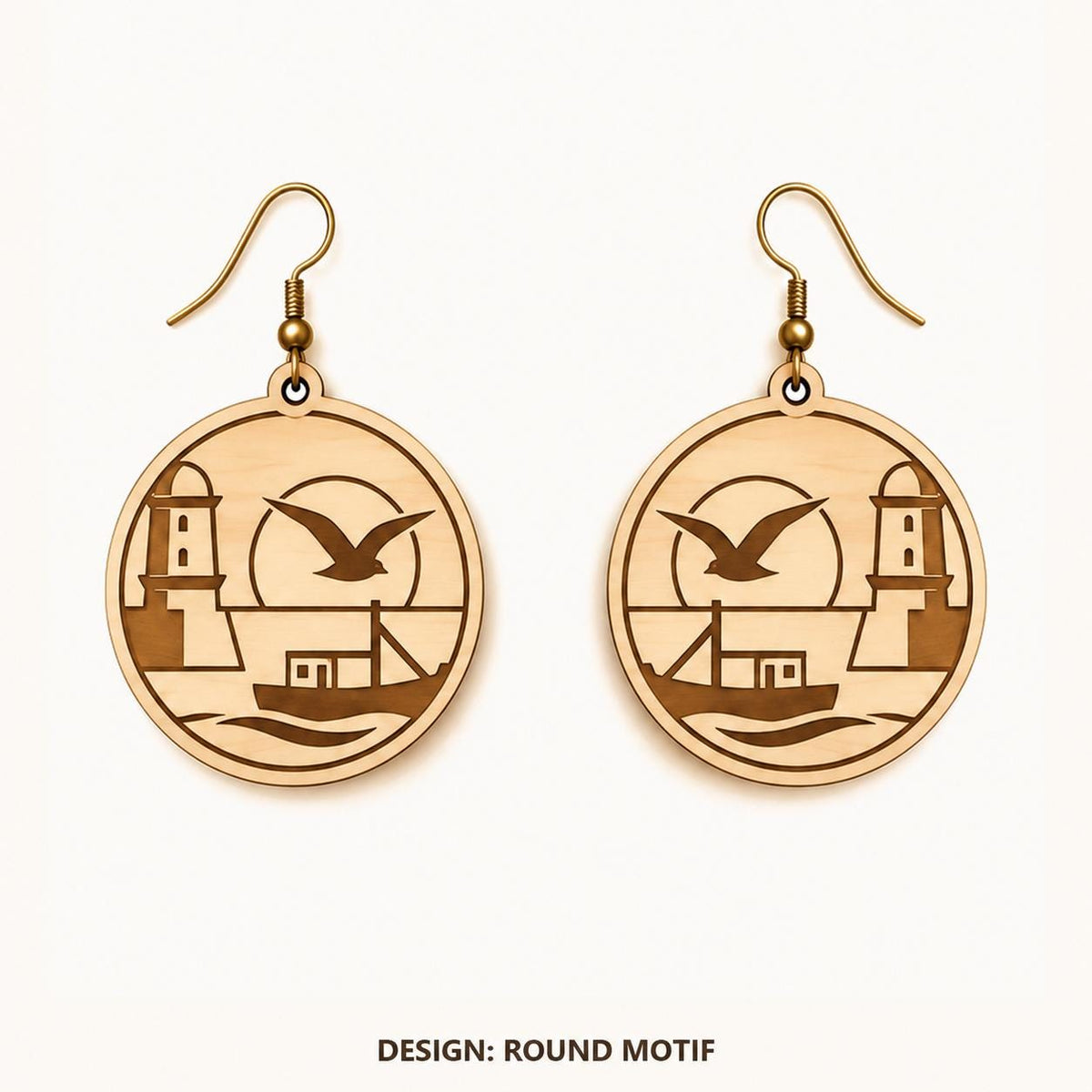 Front view of the Marseille Round Motif engraved birch earring pair on a light background.