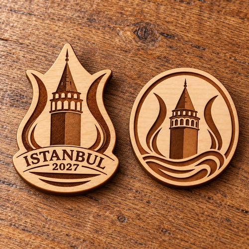 Two Istanbul engraved birch convention pin designs lying face-up on a wooden table in natural light.