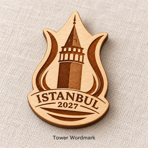 Close-up of Istanbul Tower Wordmark engraved birch pin on linen, with design name caption.