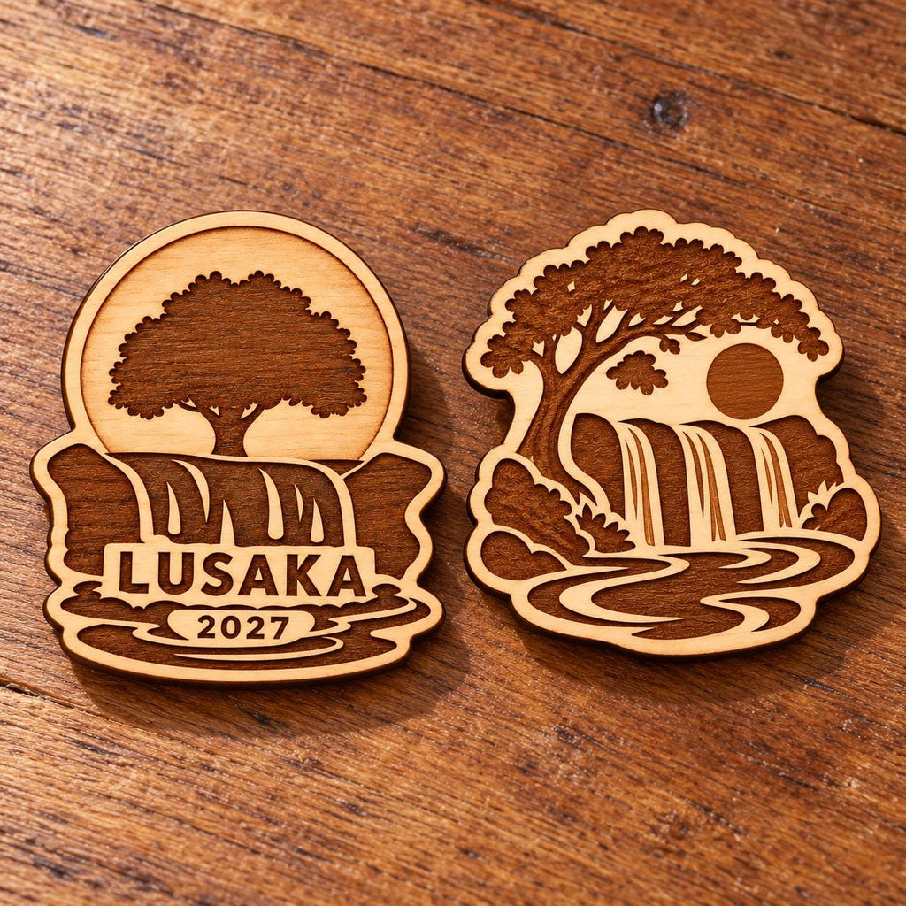 Two Lusaka engraved birch convention pin designs lying face-up on a wooden table in natural light.