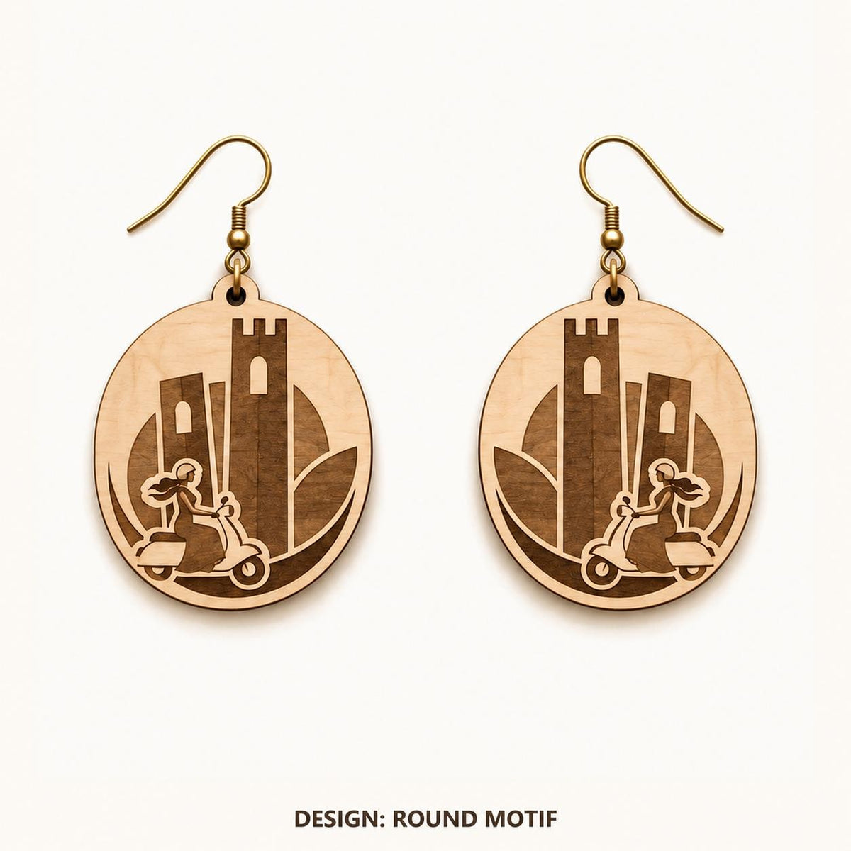 Front view of the Bologna Round Motif engraved birch earring pair on a light background.