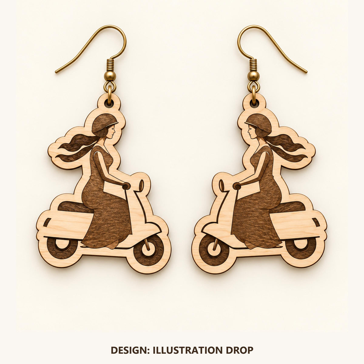 Front view of the Bologna Illustration Drop engraved birch earring pair on a light background.