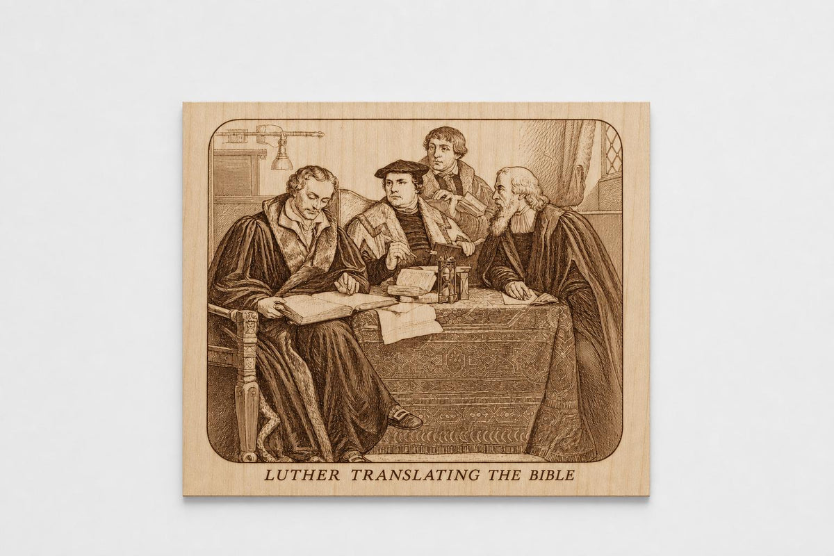 Close-up of the Luther Translates natural birch engraved plaque against a plain background, showing its full historical artwork.
