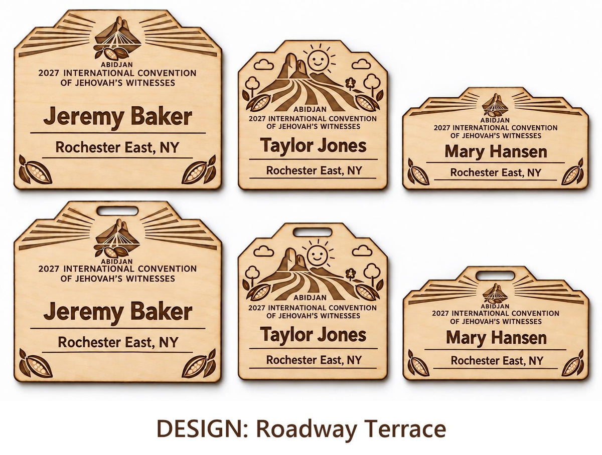 Abidjan Roadway Terrace design options on white: standard, kids, and mini engraved birch badges shown with plain fronts and lanyard-slot fronts, labeled by design name.