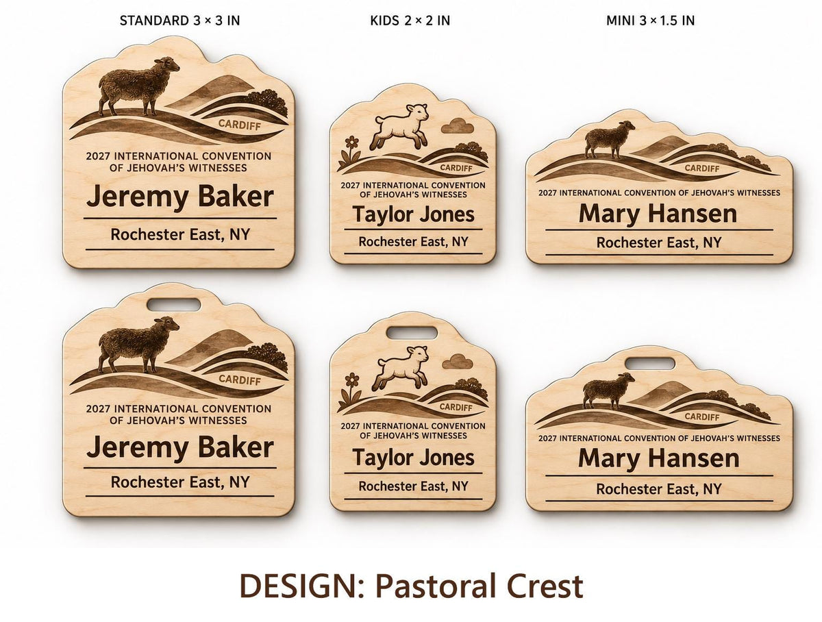 Cardiff Pastoral Crest design options on white: standard, kids, and mini engraved birch badges shown with plain fronts and lanyard-slot fronts, labeled by design name.