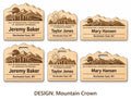 Denver Mountain Crown design options on white: standard, kids, and mini engraved birch badges shown with plain fronts and lanyard-slot fronts, labeled by design name.