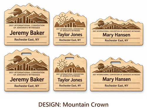 Denver Mountain Crown design options on white: standard, kids, and mini engraved birch badges shown with plain fronts and lanyard-slot fronts, labeled by design name.