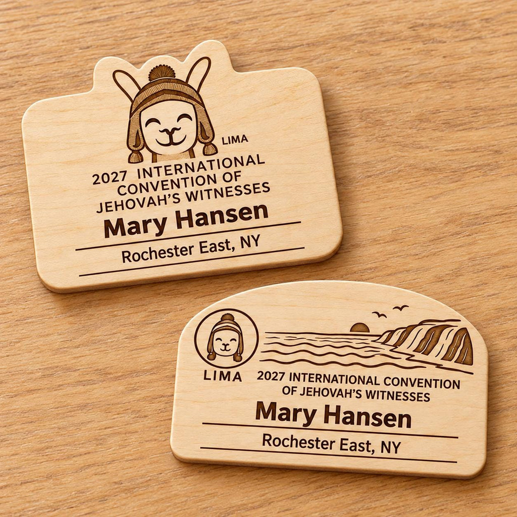 Two Lima mini natural-birch engraved badge designs, slot-free and laid separately on a light oak tabletop; each shows sample personalization.