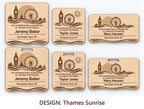 London Thames Sunrise design options on white: standard, kids, and mini engraved birch badges shown with plain fronts and lanyard-slot fronts, labeled by design name.