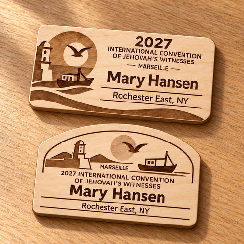 Two Marseille mini natural-birch engraved badge designs, slot-free and laid separately on a light oak tabletop; each shows sample personalization.