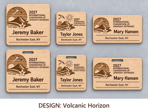 Saint-Denis Volcanic Horizon design options on white: standard, kids, and mini engraved birch badges shown with plain fronts and lanyard-slot fronts, labeled by design name.