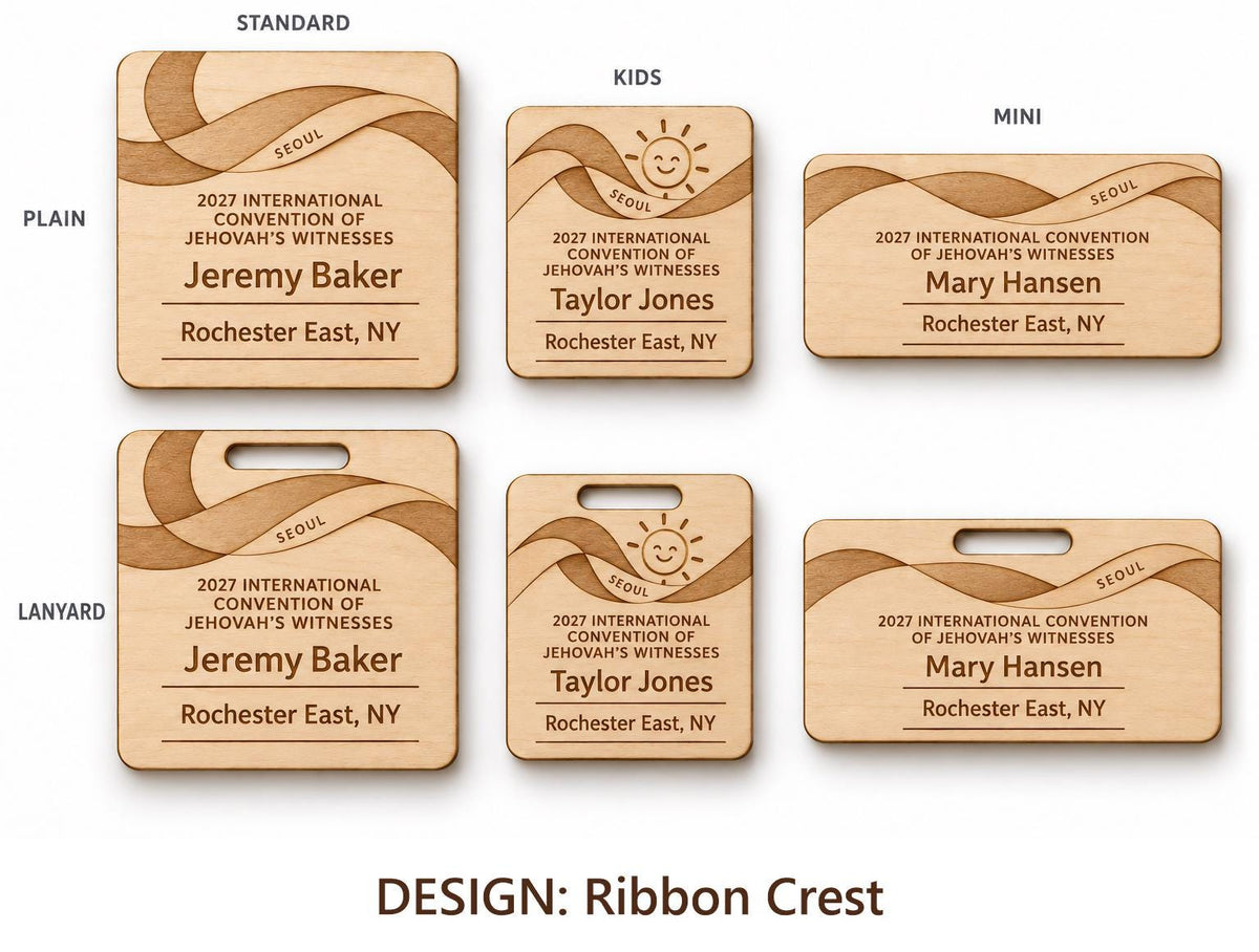 Seoul Ribbon Crest design options on white: standard, kids, and mini engraved birch badges shown with plain fronts and lanyard-slot fronts, labeled by design name.