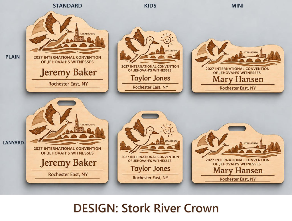 Strasbourg Stork River Crown design options on white: standard, kids, and mini engraved birch badges shown with plain fronts and lanyard-slot fronts, labeled by design name.