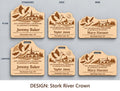 Strasbourg Stork River Crown design options on white: standard, kids, and mini engraved birch badges shown with plain fronts and lanyard-slot fronts, labeled by design name.