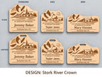 Strasbourg Stork River Crown design options on white: standard, kids, and mini engraved birch badges shown with plain fronts and lanyard-slot fronts, labeled by design name.