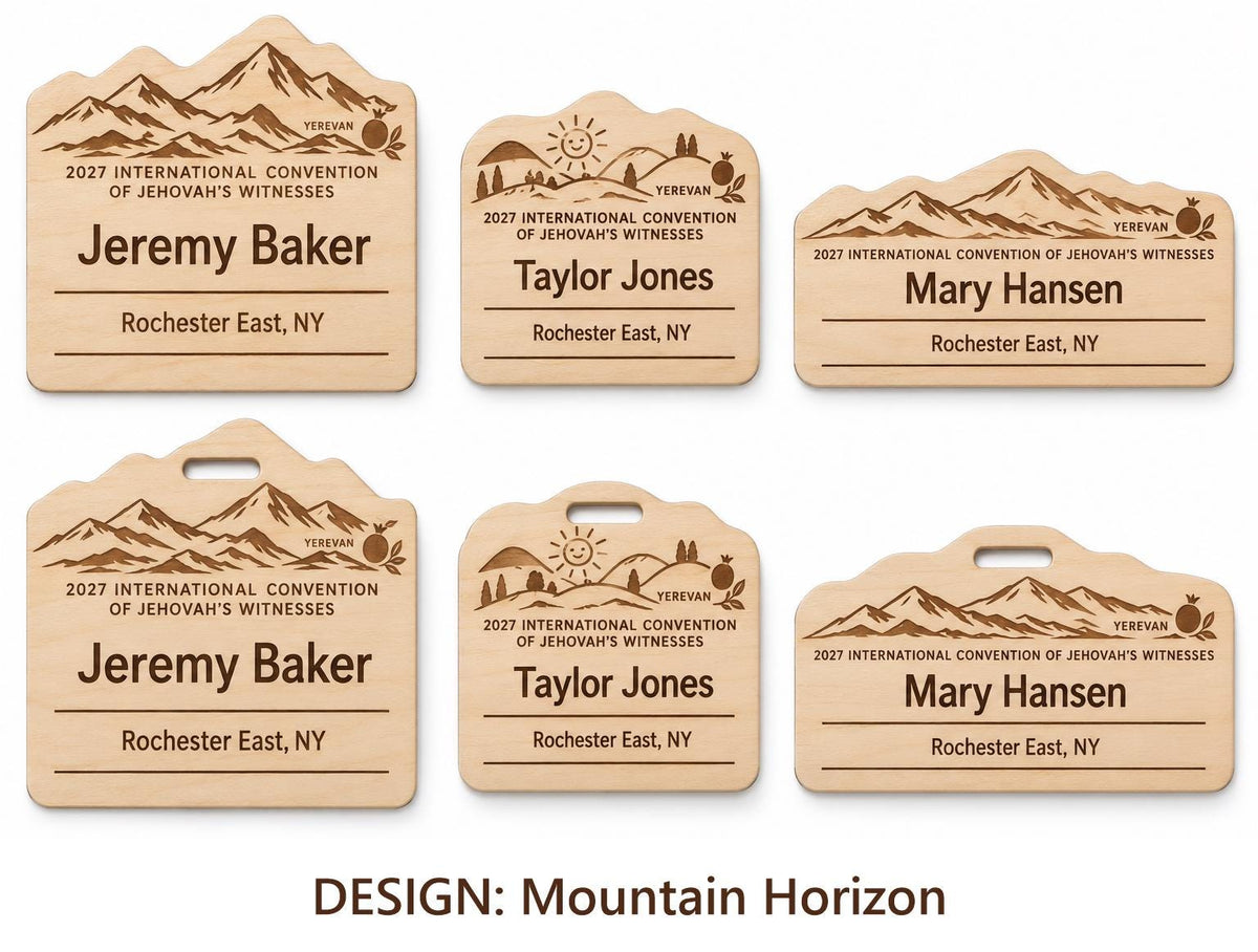 Yerevan Mountain Horizon design options on white: standard, kids, and mini engraved birch badges shown with plain fronts and lanyard-slot fronts, labeled by design name.