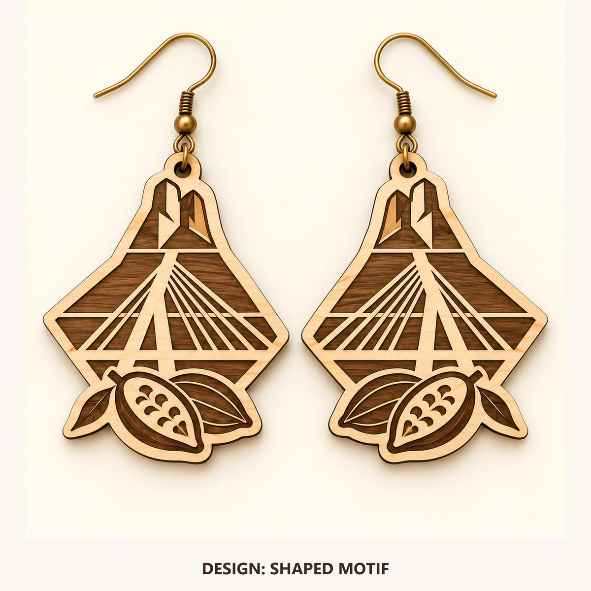 Front view of the Abidjan Shaped Motif engraved birch earring pair on a light background.