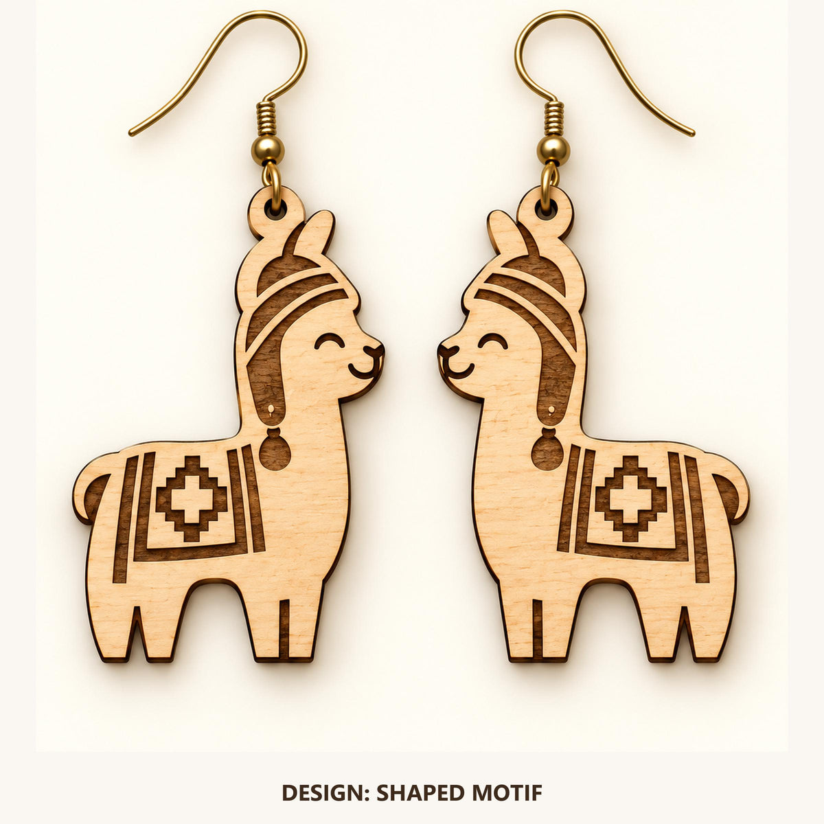 Front view of the Lima Shaped Motif engraved birch earring pair on a light background.