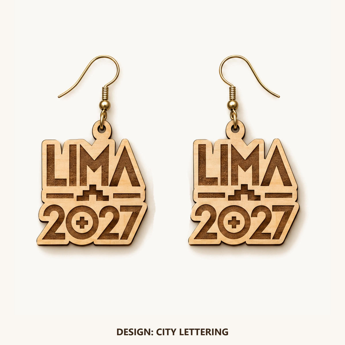 Front view of the Lima City Lettering engraved birch earring pair on a light background.