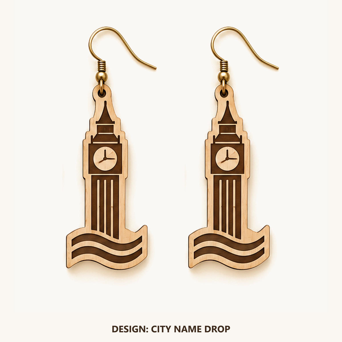 Front view of the London City Name Drop engraved birch earring pair on a light background.