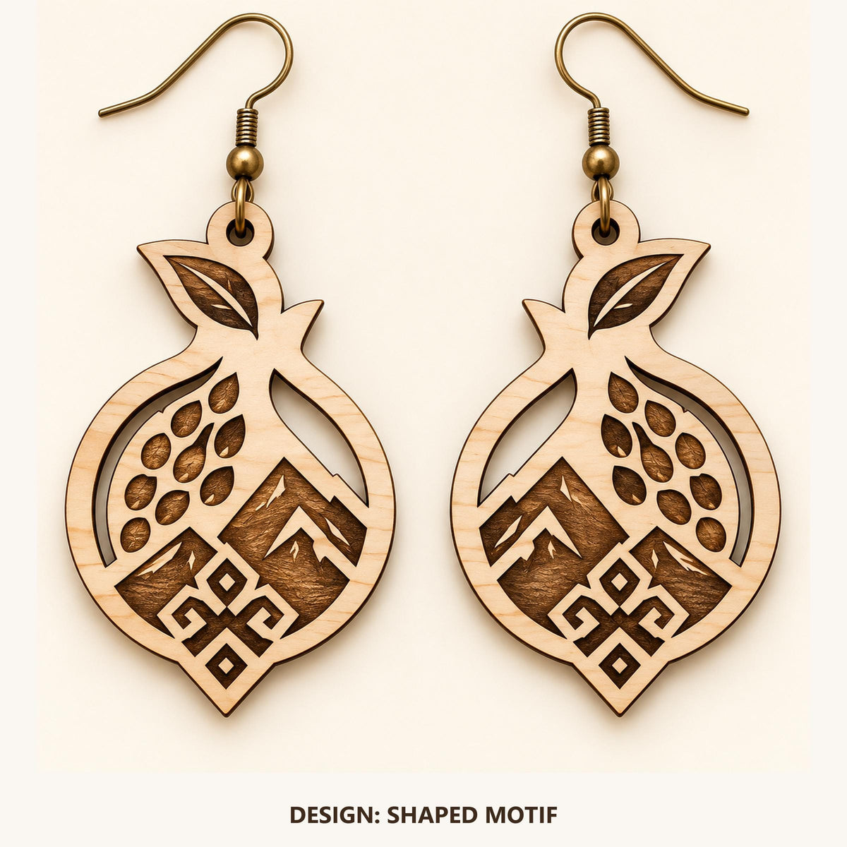 Front view of the Yerevan Shaped Motif engraved birch earring pair on a light background.