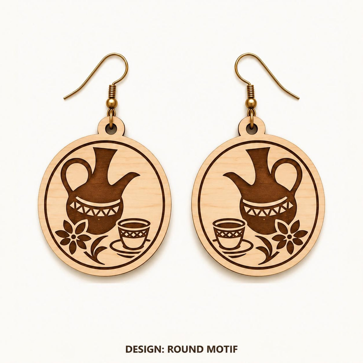 Front view of the Addis Ababa Round Motif engraved birch earring pair on a light background.