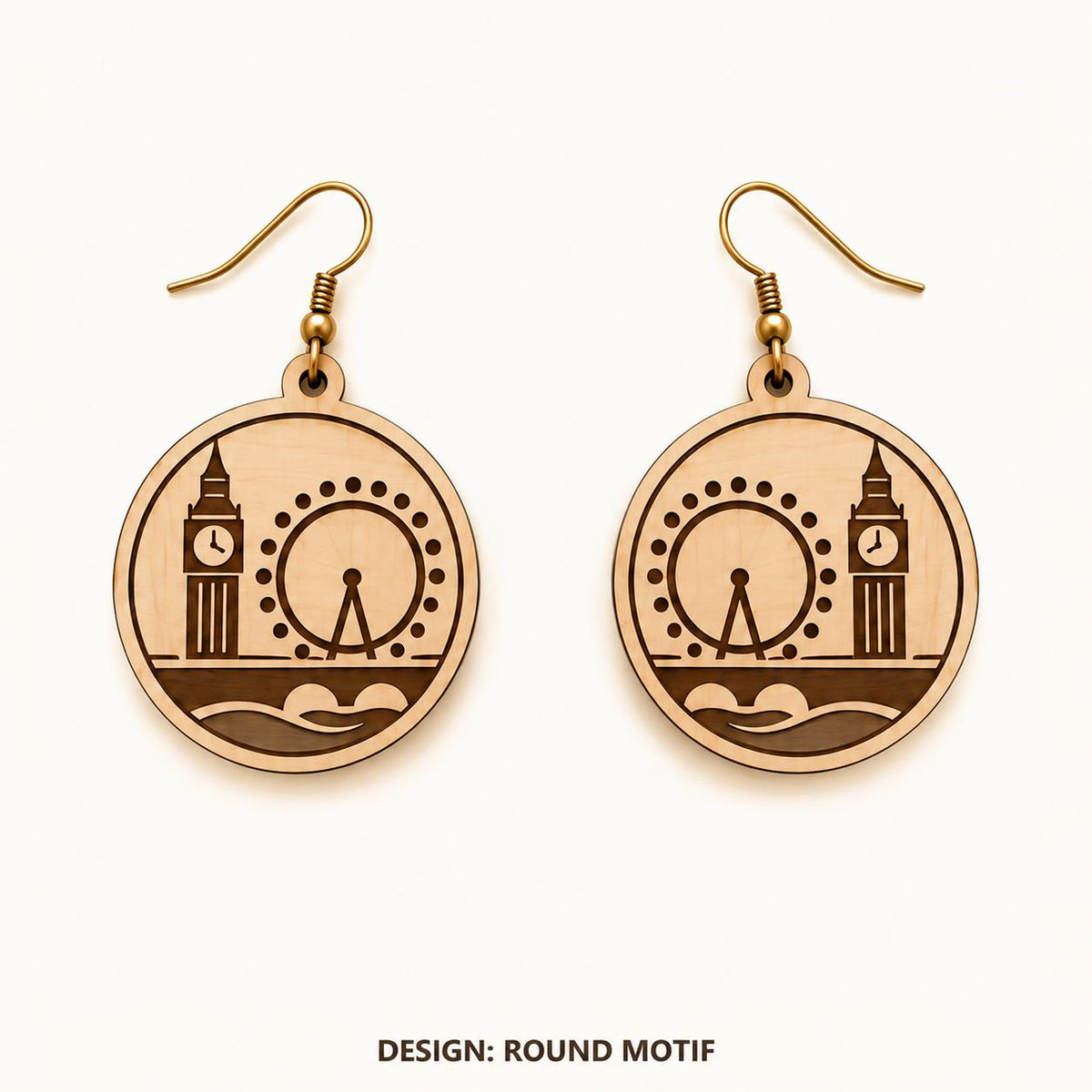 Front view of the London Round Motif engraved birch earring pair on a light background.