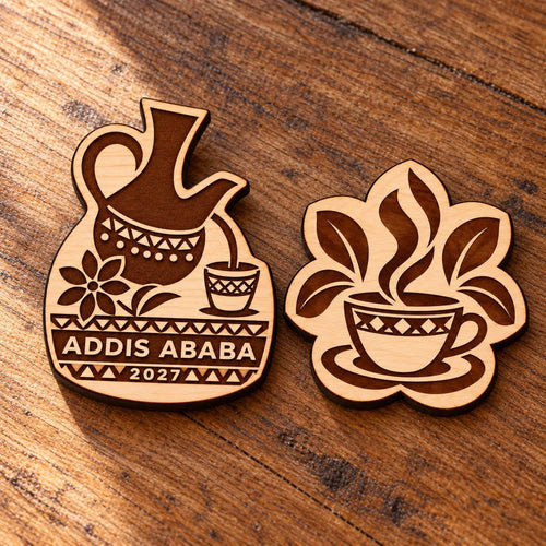 Two Addis Ababa engraved birch convention pin designs lying face-up on a wooden table in natural light.