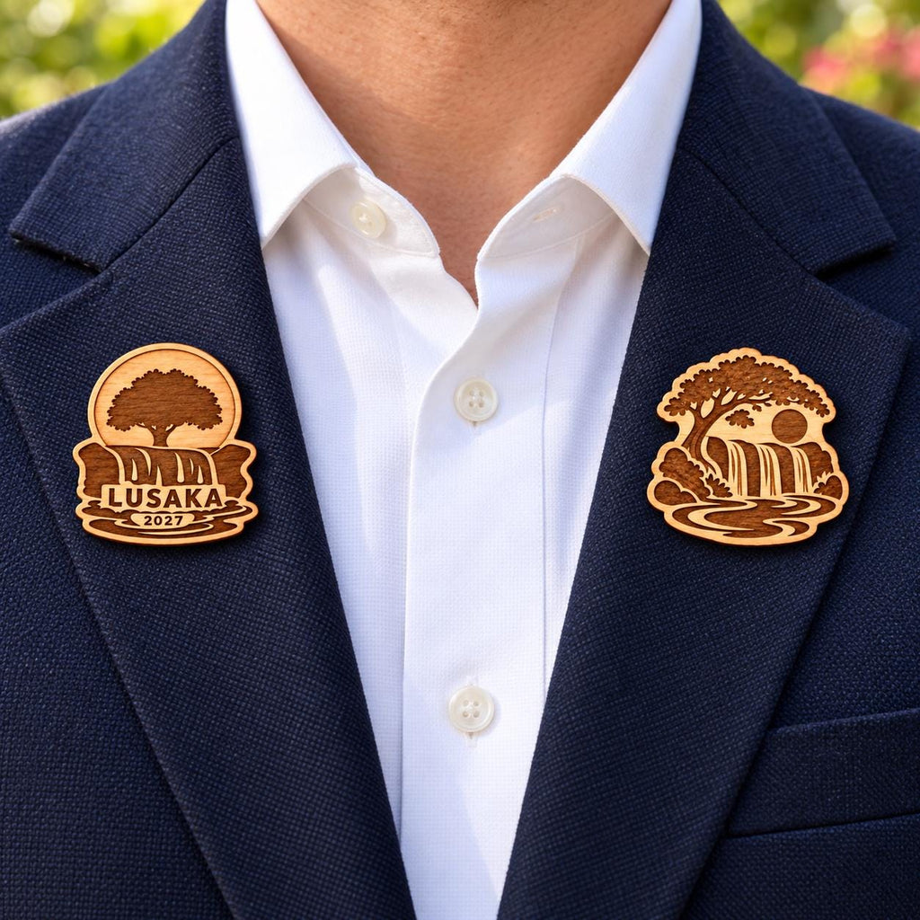 Two Lusaka engraved birch convention pin designs on the lapels of a navy man's suit outdoors.