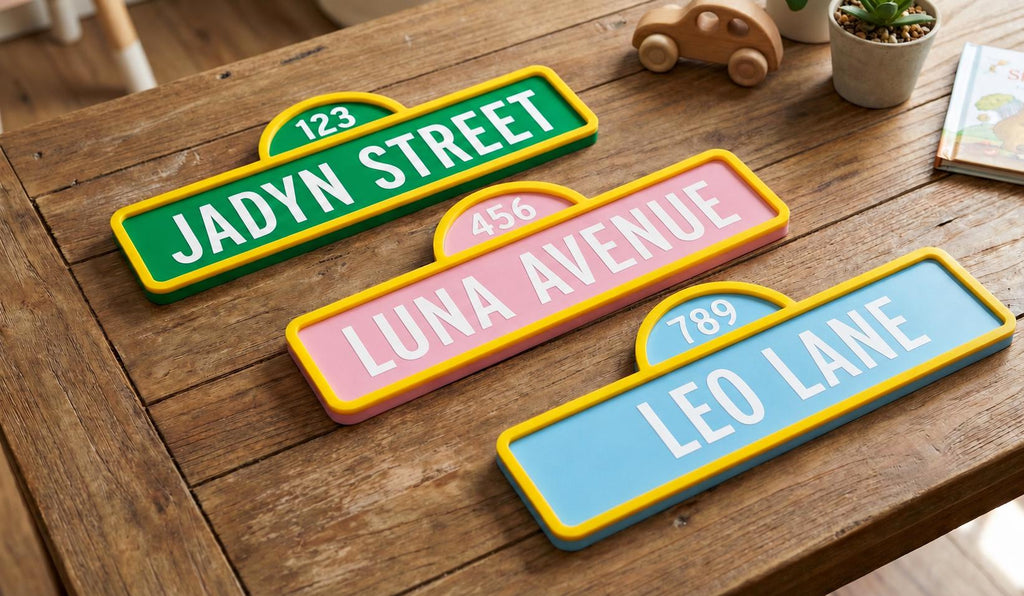 Angled tabletop view of green, pink, and blue personalized street-style signs with yellow borders.