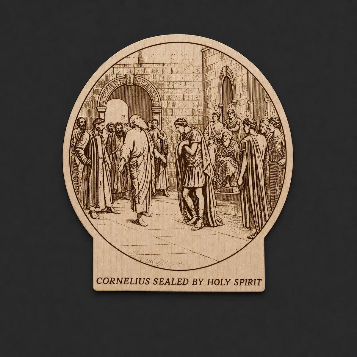 Close-up of the Cornelius Sealed natural birch engraved plaque against a plain background, showing its full historical artwork.