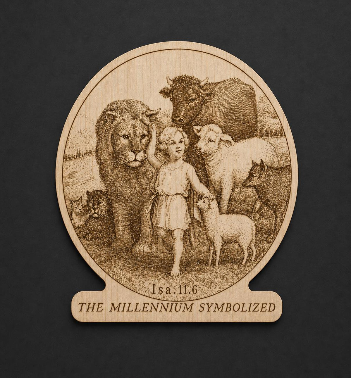 Close-up of the Millennium natural birch engraved plaque against a plain background, showing its full historical artwork.