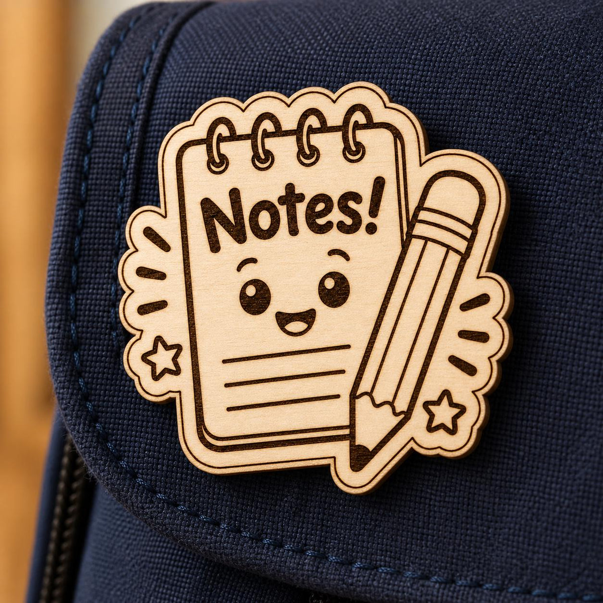 Close-up of the Little Note Taker natural birch engraved accessory attached to fabric, showing its dark artwork and shaped edge.